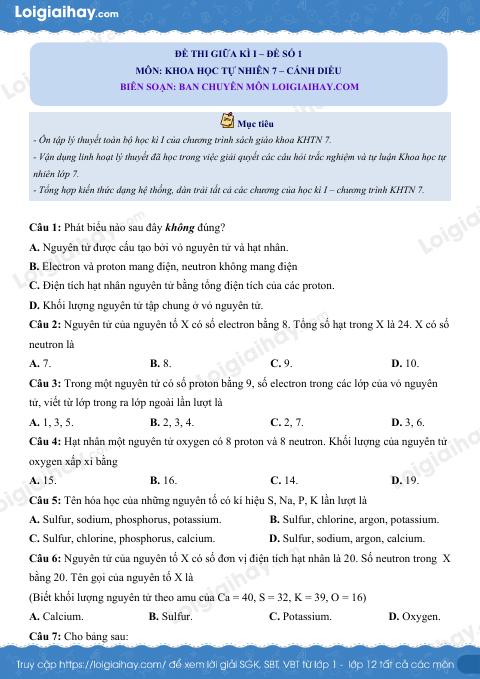 Đề thi giữa kì 1 KHTN 7 Cánh diều - Đề số 1